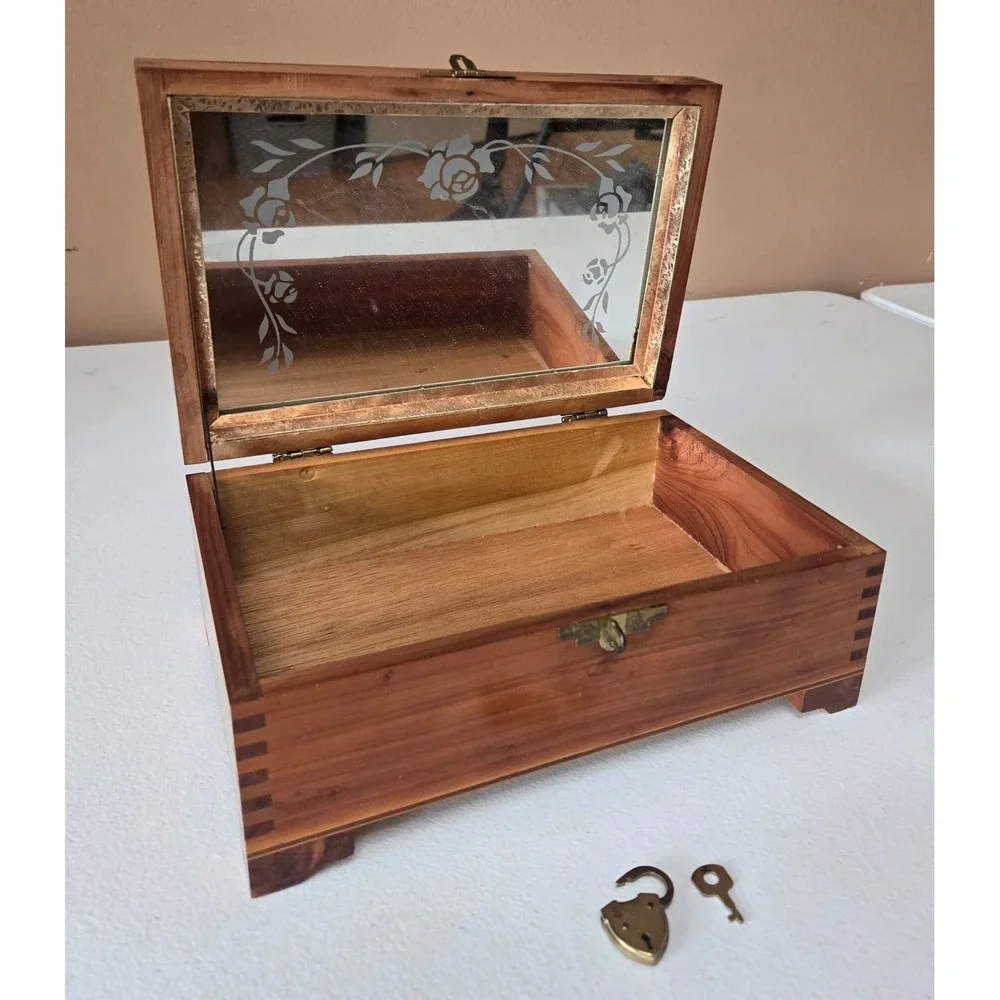 Vintage Cedar Keepsake Box Etched Glass Lid Brass Lock Key Jewelry Memory Chest